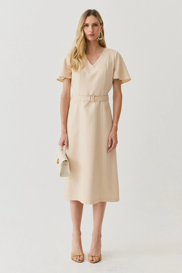 Vestsido Midi Decote V Cinto Fivela Gold