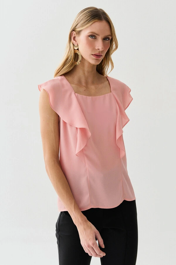 Regata Decote Quadrado Recortes Babado Laço Costas