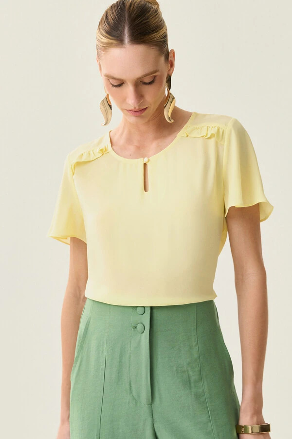 Blusa Decote Gota Vazado Mini Botão Ombro Babadinho