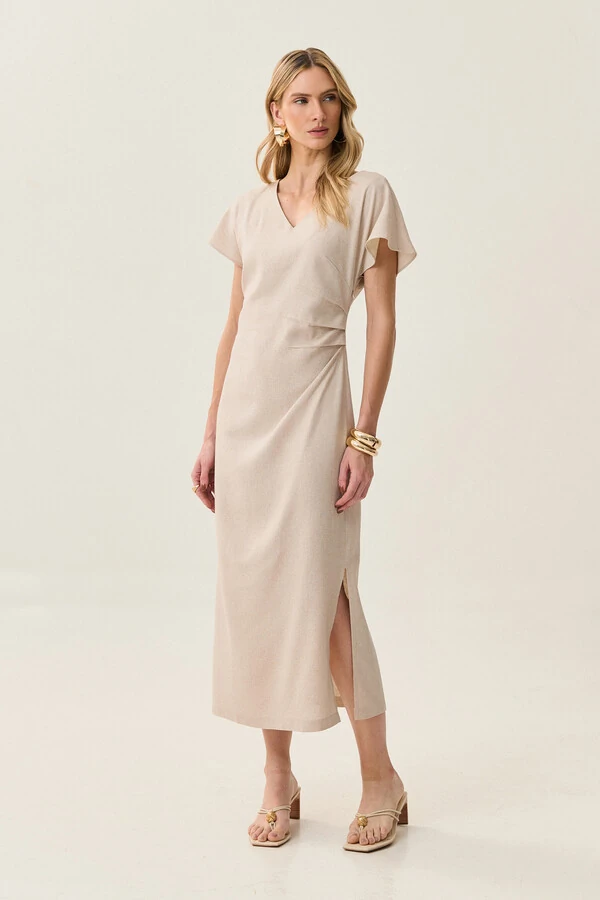 Vestido Midi Assimétrico de Linho Manga Morcego Decote V Lateral Pregas