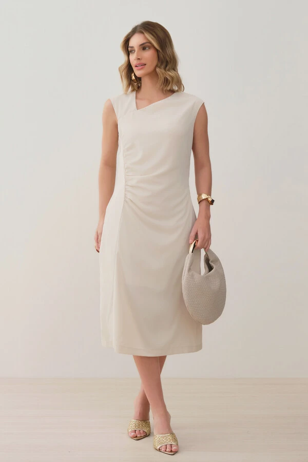 Vestido Midi Regata Decote Assimétrico Franzidos