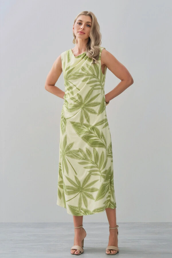 Vestido Midi Regata Assimétrico Drapeado Folhagem Ombro Lateral Franzidos