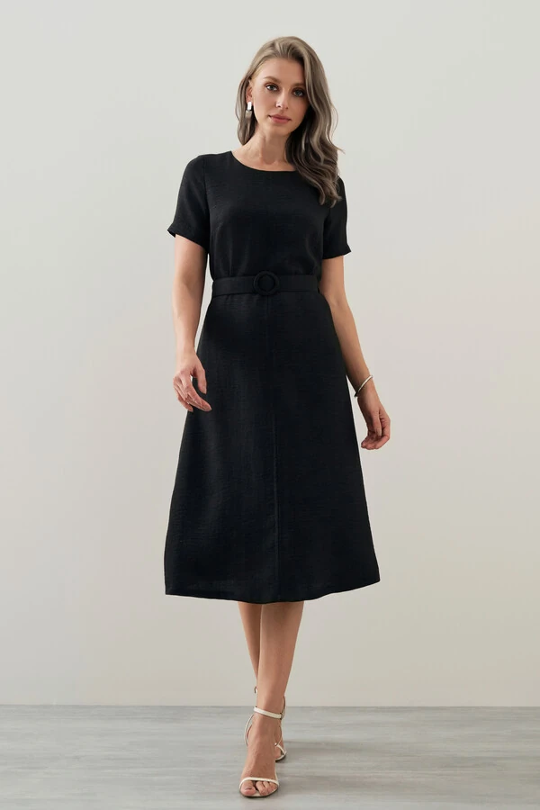 Vestido Midi Cinto Fivela Forrada