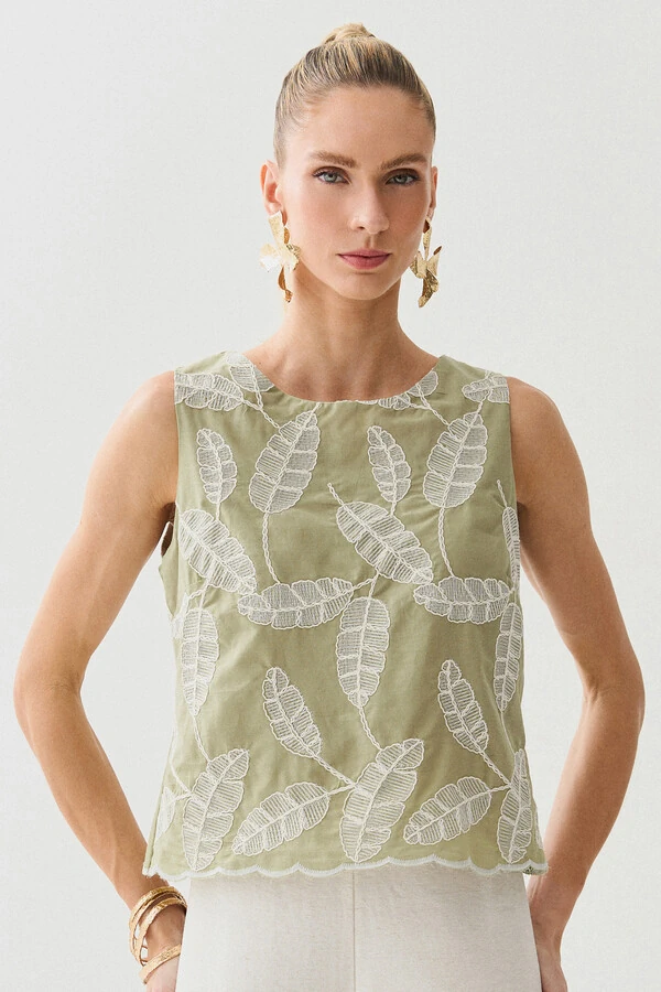 Regata de Algodão Bordado Folhagem Barrada