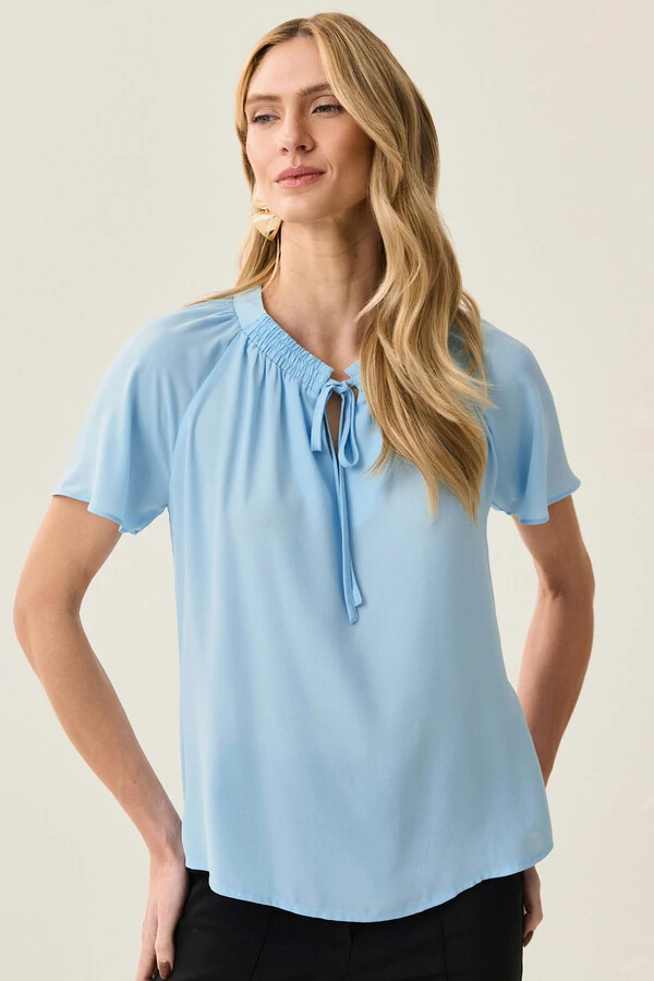 Blusa Manga Raglan Decote Lastex Laço