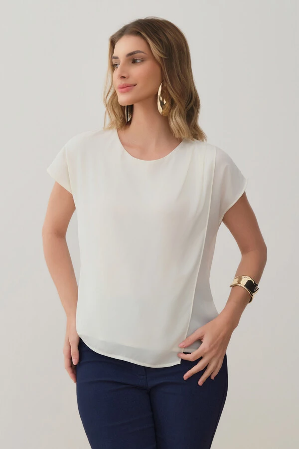 Blusa Dupla Assimétrica Transpassada Manga Morcego Ombro Esquerdo Pregas Triple