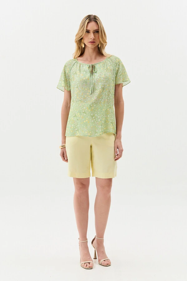 Blusa Floral Manga Raglan Decote Laço
