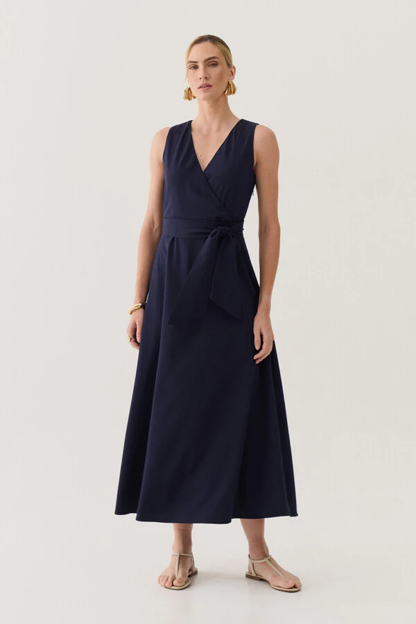 Vestido Midi Regata Transpassado de Alfaiataria Cinto