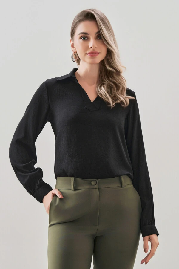 BLUSA MANGA LONGA PUNHO GOLA POLO DECOTE V