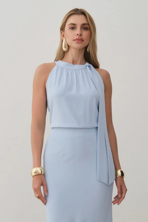 Conjunto de Blusa Regata Frente Única Laço e Saia Midi Evasê
