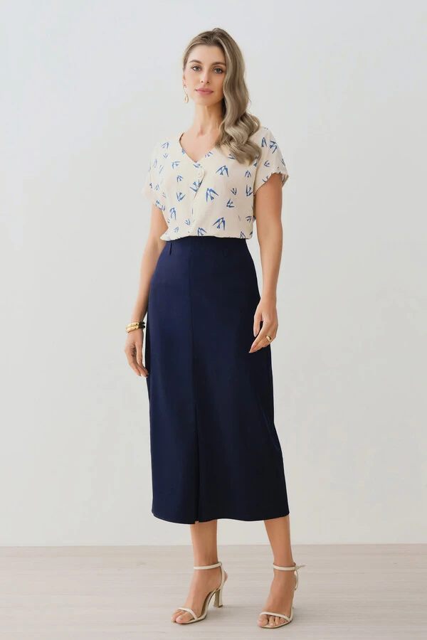 Saia Midi Reta de Alfaiataria Recorte Prega Frontal