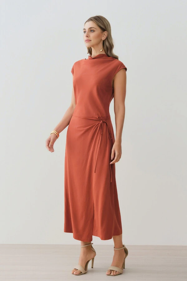 Vestido Midi Regata Transpassado Gola Drapeada Laço Lateral Drapeada