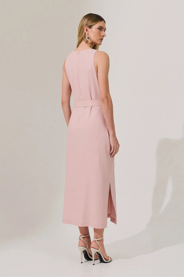 Vestido Midi Regata de Linho Decote Quadrado Fendas Laterais Cinto Fivela