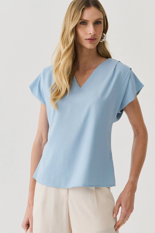 Blusa Manga Morcego Decote V Ombro Pregas Double