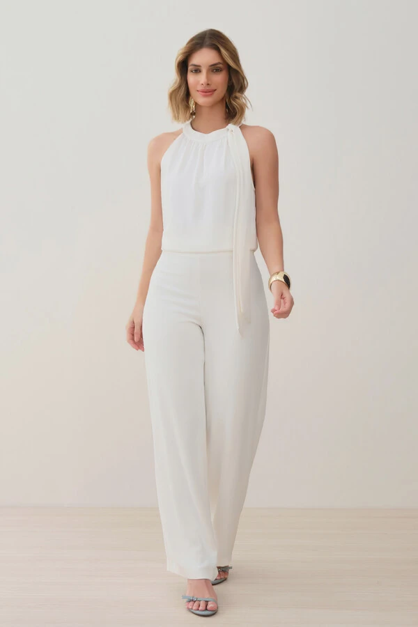 Conjunto de Blusa Regata Frente Única Laço e Calça Pantalona Slim