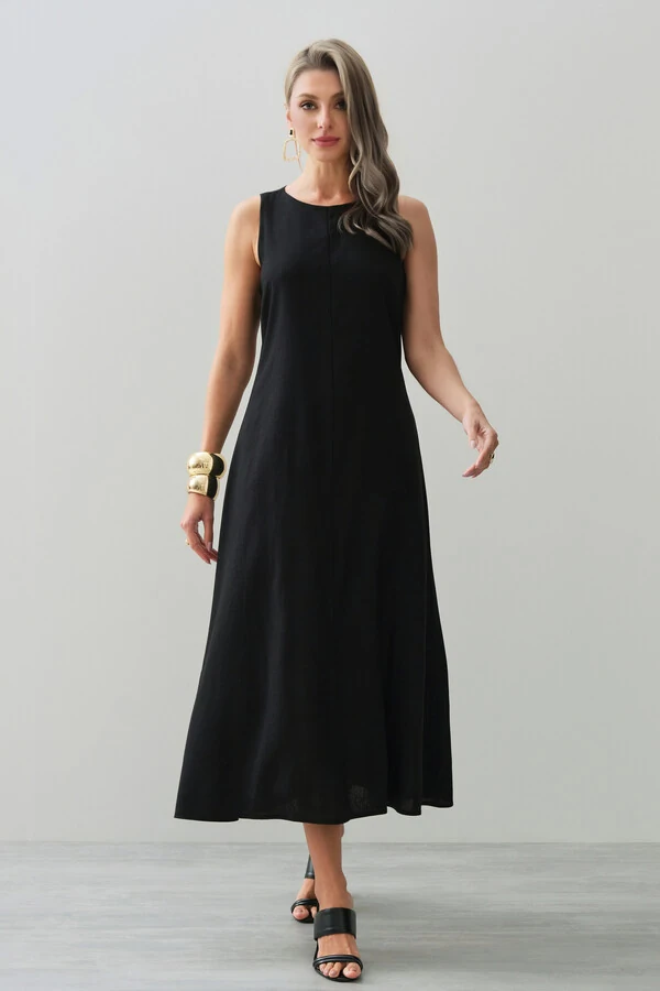 Vestido Midi Regata de Linho Recorte