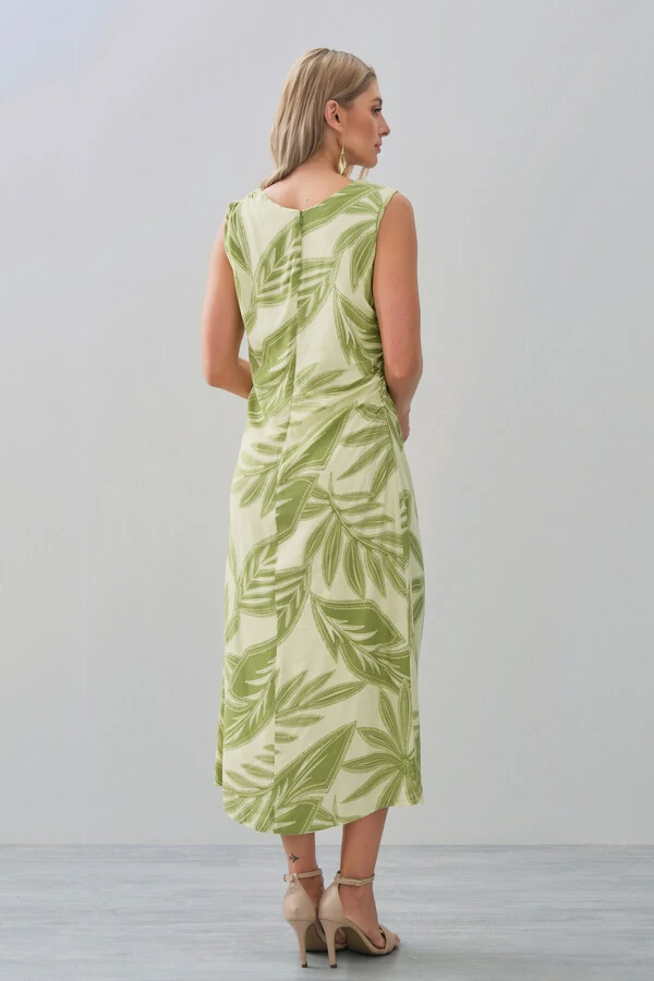Vestido Midi Regata Assimétrico Drapeado Folhagem Ombro Lateral Franzidos