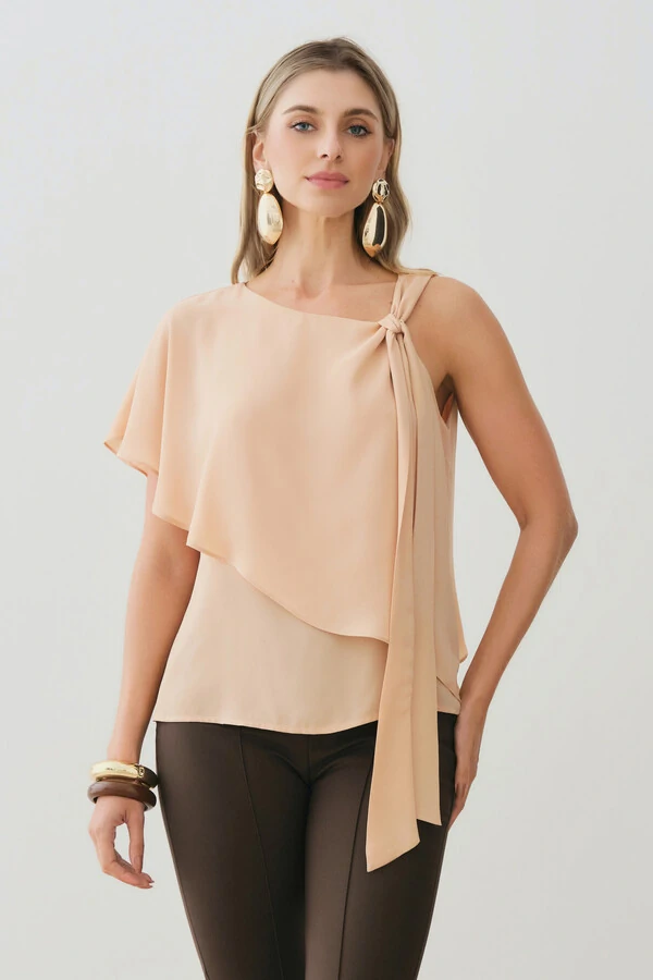 Blusa Assimétrica Dupla Transpassada Um Ombro Só Laço