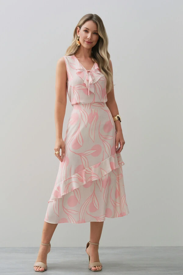 Conjunto Folhagem Poa de Blusa Regata Decote V Babado Laço e Saia Midi Babado Assimétrico