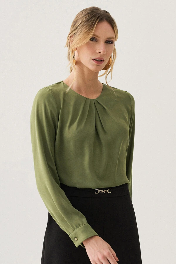 Blusa Manga Longa Punho Decote Pregas