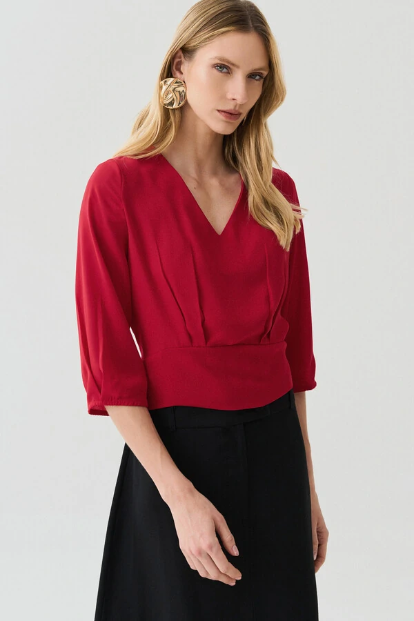 Blusa Crop Manga 3/4 Decote V Cintura Pregas Double