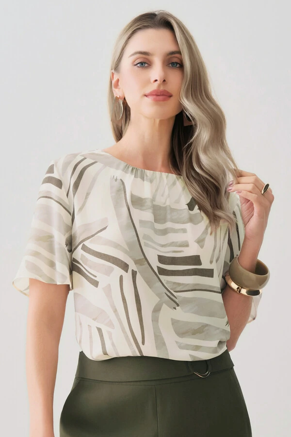 Blusa Abstrata Manga Evasê Decote Franizido