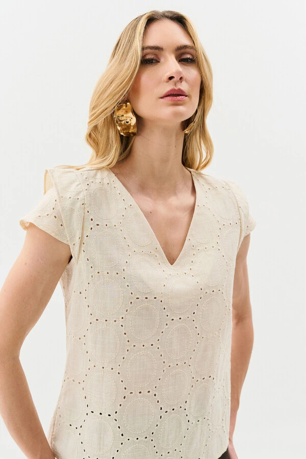 Blusa de Laise de Algodão Manga Tulipa Decote V