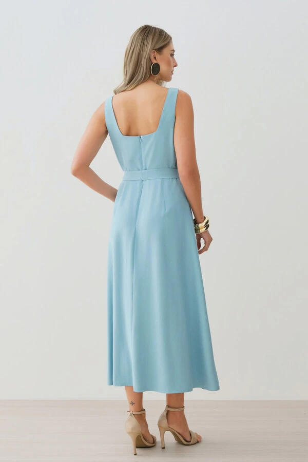 Vestido Midi de Alça Larga de Alfaitaria Decote Quadrado Recortes Cinto