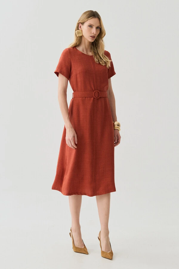 Vestido Midi Cinto Fivela Forrada