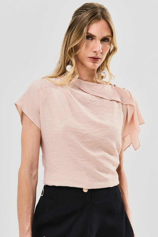 Blusa Assimétrica Manga Morcego Gola Fluida Ombro Gold Double