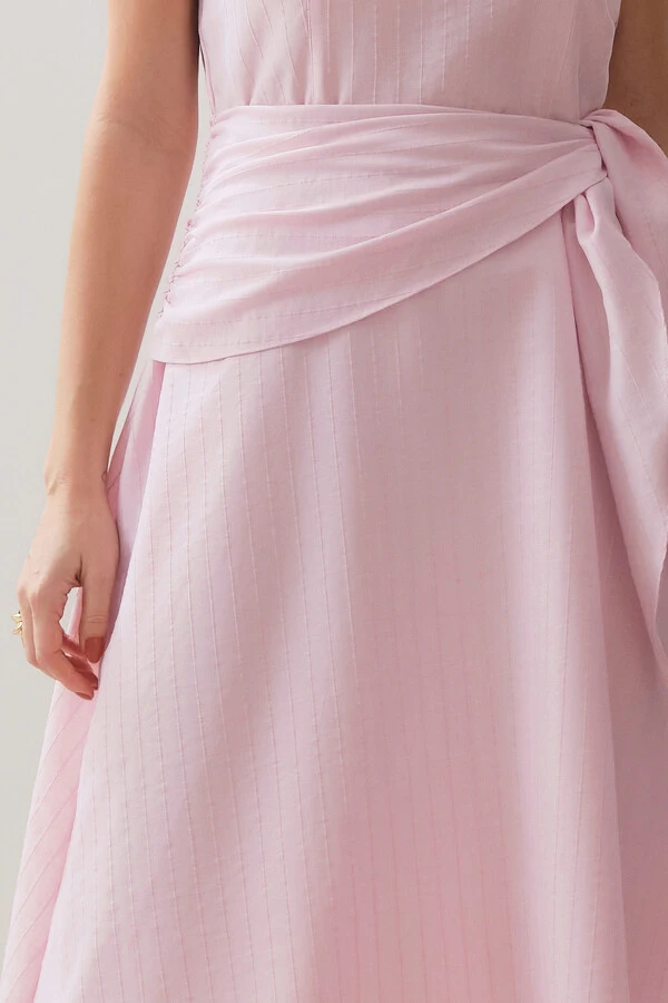Vestido Midi Regata de Textrua Listrada Cintura Faixa Franzida