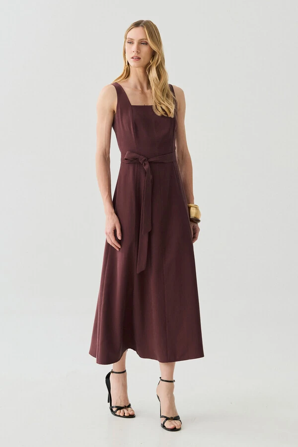 Vestido Midi de Alça Larga de Alfaitaria Decote Quadrado Recortes Cinto