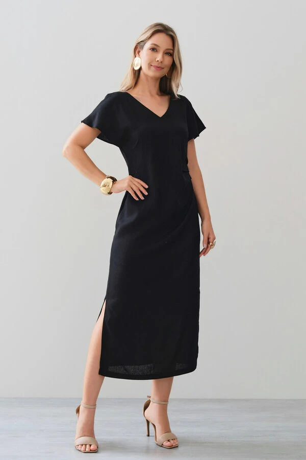 Vestido Midi Assimétrico de Linho Manga Morcego Decote V Lateral Pregas