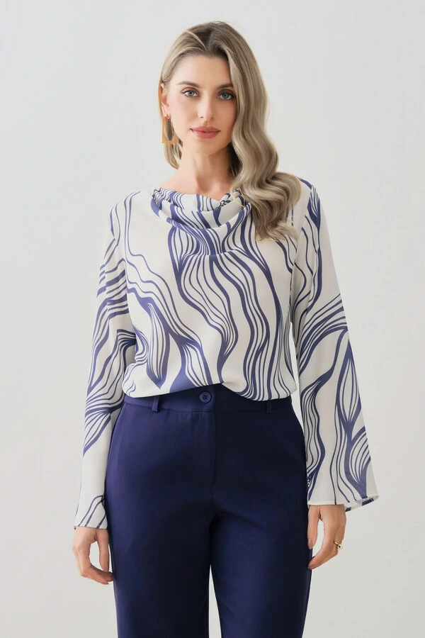 Blusa Abstrata Manga Longa Flare Decote Drapeado (cópia)