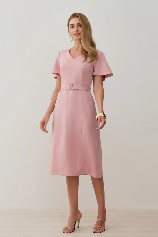 Vestsido Midi Decote V Cinto Fivela Gold