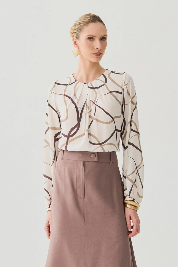 Blusa Abstrata Manga Longa Decote Pregas