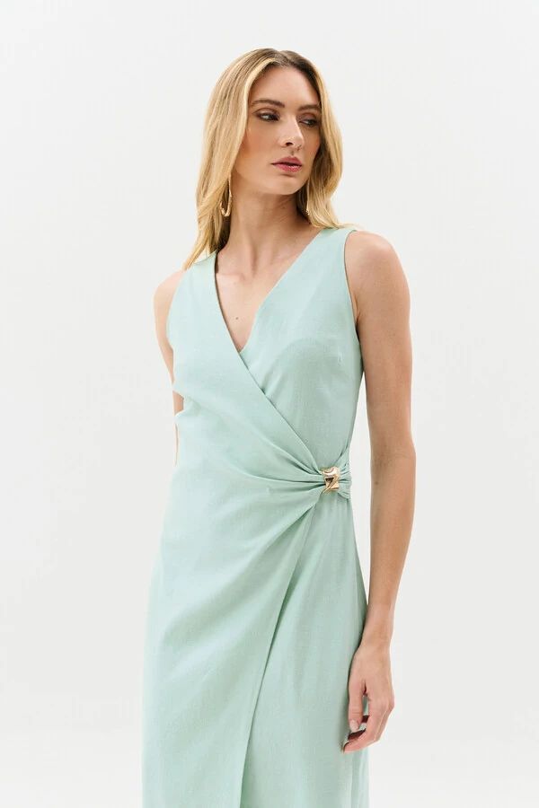 Vestido Midi Regata Transpassado de Linho Lateral Franzida Gold