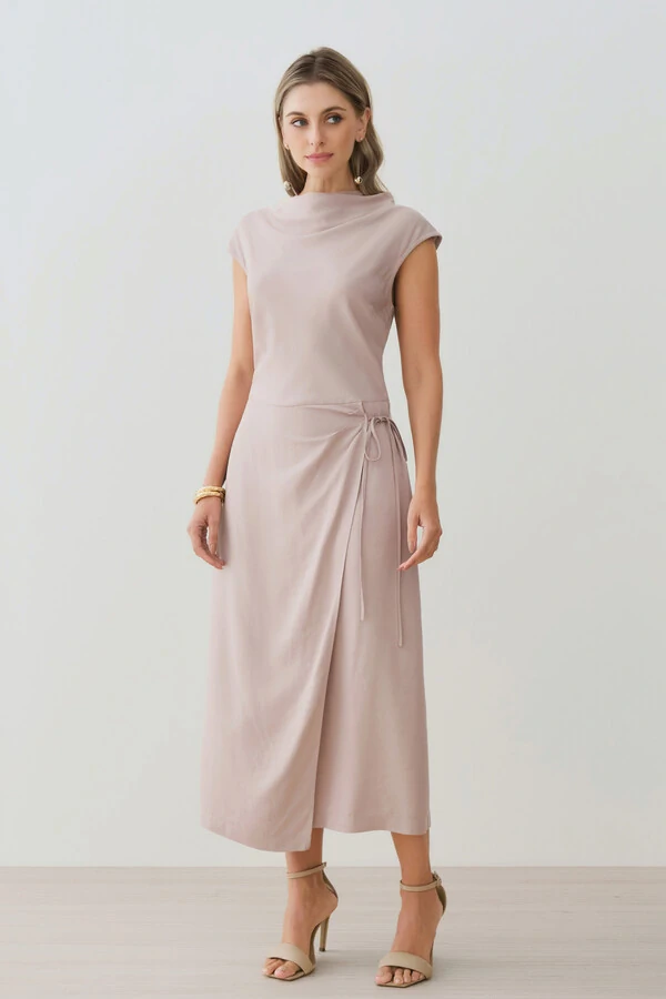 Vestido Midi Regata Transpassado Gola Drapeada Laço Lateral Drapeada