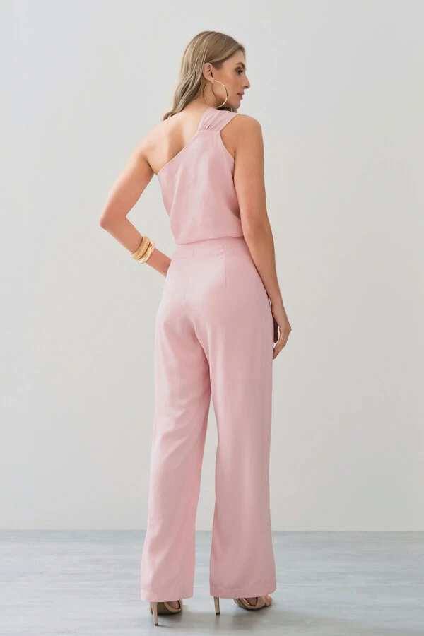 Conjunto de Blusa Regata Assimétrica Um Ombro Só Torcido e Calça Reta