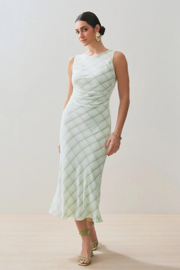 Vestido Midi Regata Xadrez Lateral Franzida