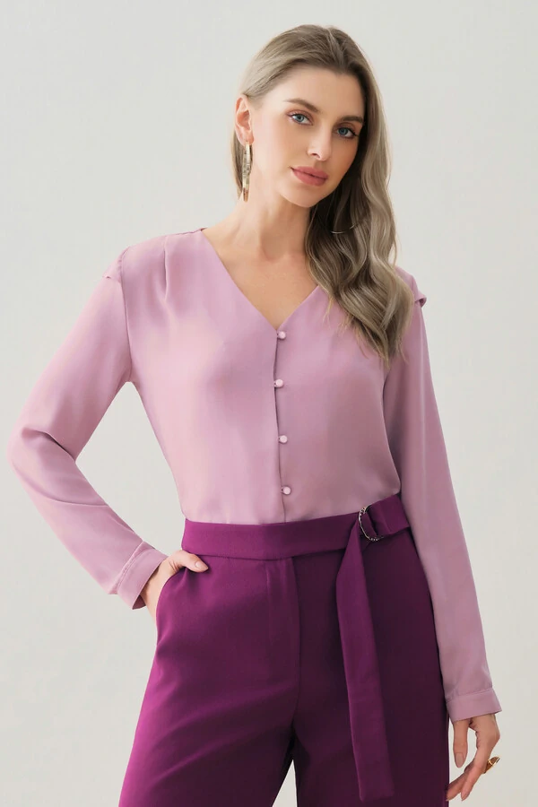 Camisa Manga Longa Punho Decote V Ombro Aba Mini Botões