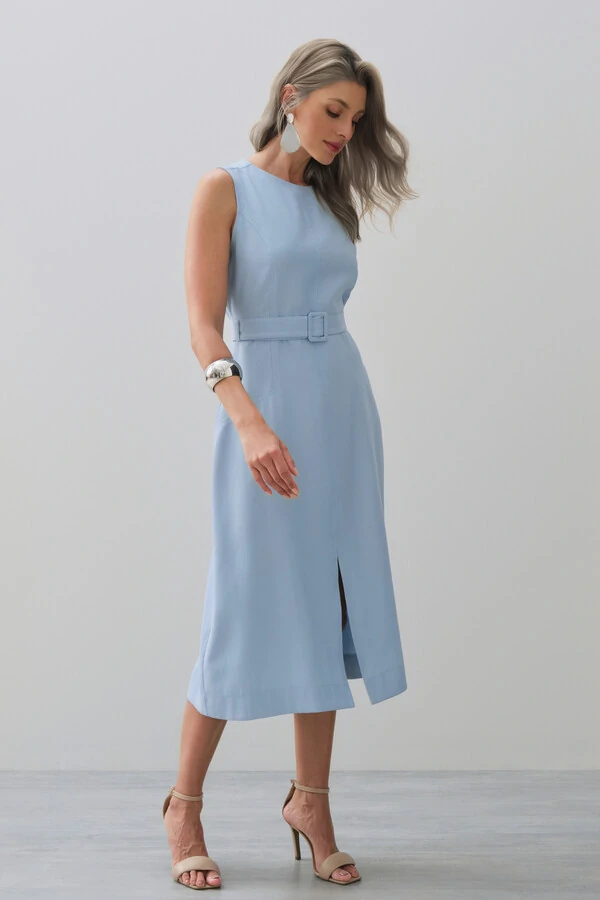 Vestido Midi Regata de Alfaiataria Recortes Cinto Fivela Forrada Fenda Frontal