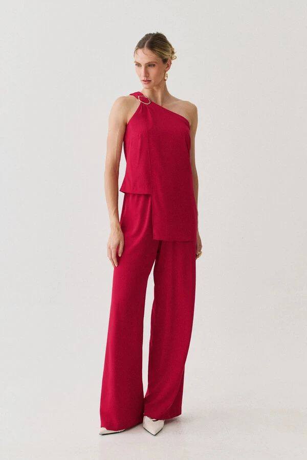 Conjunto de Blusa Regata Dupla Assimétrica Um Ombro Só Gold e Calça Pantalona Elástico