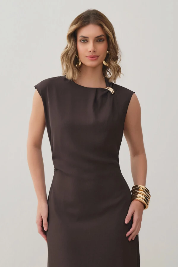 Vestido Midi Regata Assimétrica Decote Pregas Gold