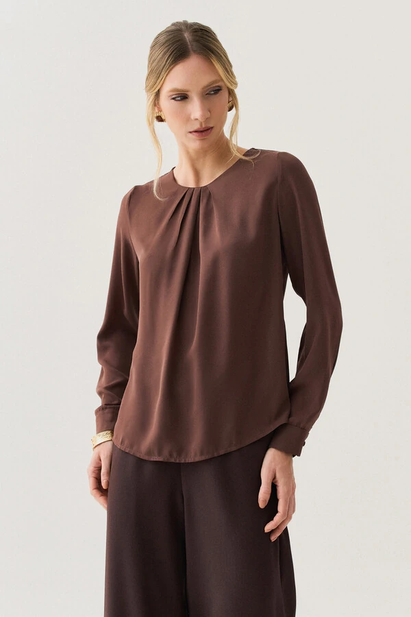 Blusa Manga Longa Punho Decote Pregas