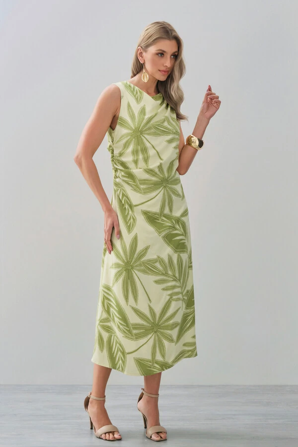 Vestido Midi Regata Assimétrico Drapeado Folhagem Ombro Lateral Franzidos