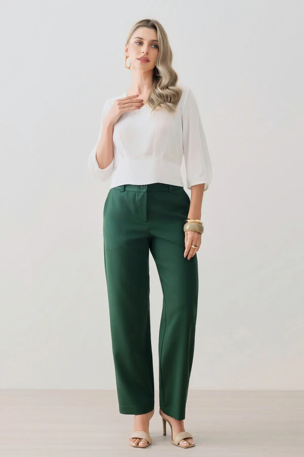 Blusa Crop Manga 3/4 Decote V Cintura Pregas Double