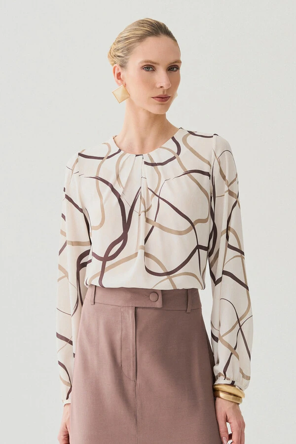 Blusa Abstrata Manga Longa Decote Pregas