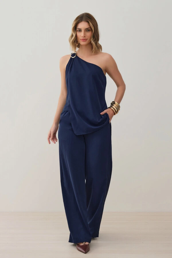 Conjunto de Blusa Regata Dupla Assimétrica Um Ombro Só Gold e Calça Pantalona Elástico