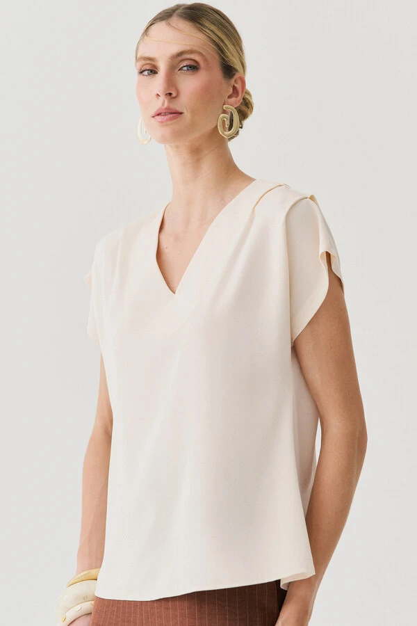 Blusa Manga Morcego Decote V Ombro Pregas Double